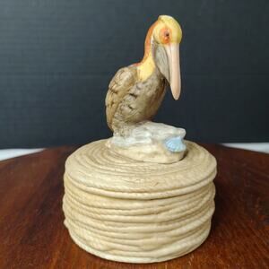 Vintage NAPCOWARE Porcelain Coastal Beach Pelican On Nautical Rope Trinket Box